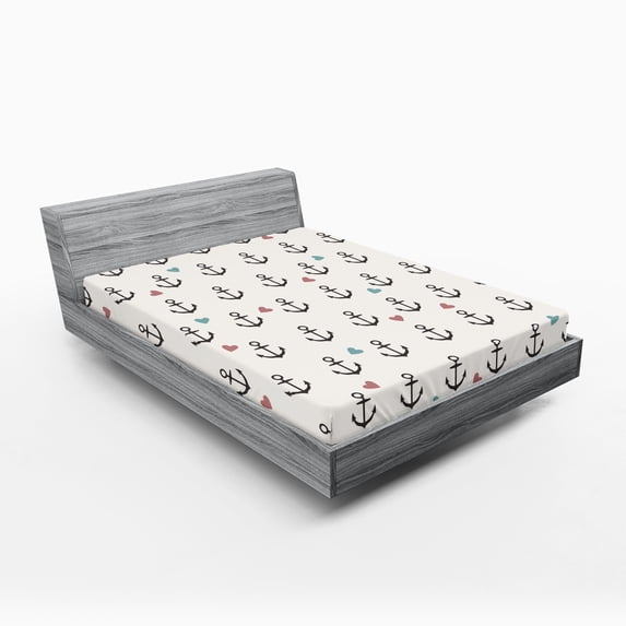 Ambesonne Colorful Fitted Sheet, Hearts Sailor Holiday, Queen Size, Eggshell Charcoal Grey