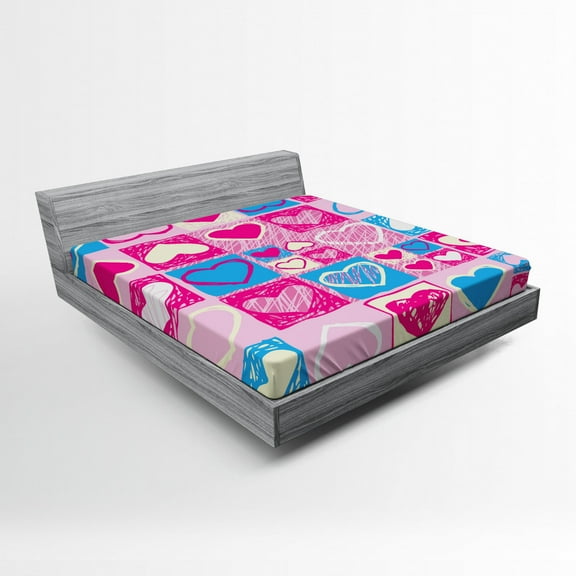 Ambesonne Colorful Fitted Sheet, Hearts in Square Shape, Queen Size, Blue Ivory Pink