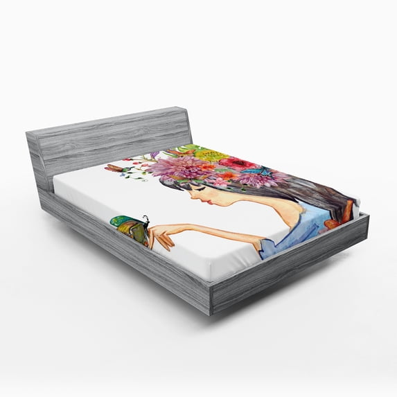 Ambesonne Colorful Fitted Sheet, Long Haired Woman, Queen Size, Multicolor