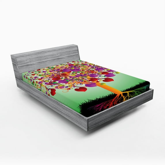 Ambesonne Colorful Fitted Sheet, Magic Love Tree Heart, Queen Size, Multicolor