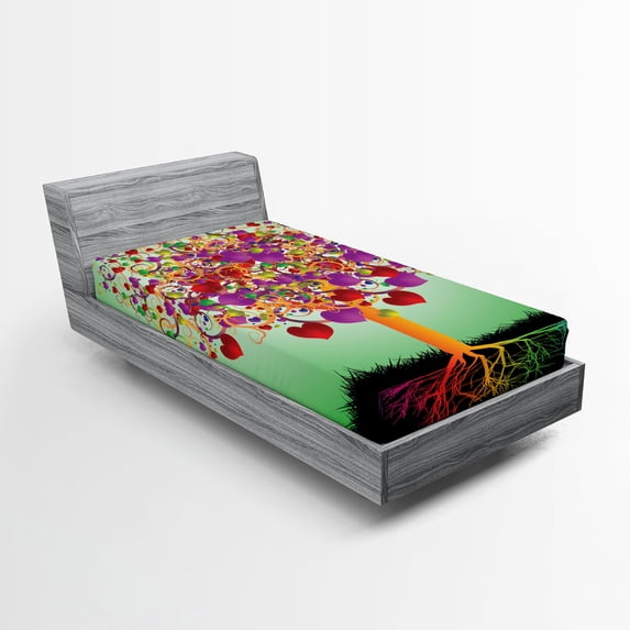 Ambesonne Colorful Fitted Sheet, Magic Love Tree Heart, Twin XL Size, Multicolor