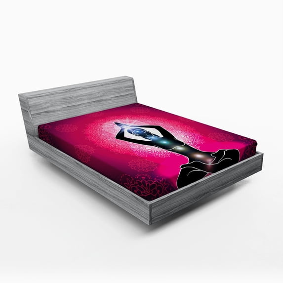 Ambesonne Colorful Fitted Sheet, Maroon Yoga, Full Size, Pink Black