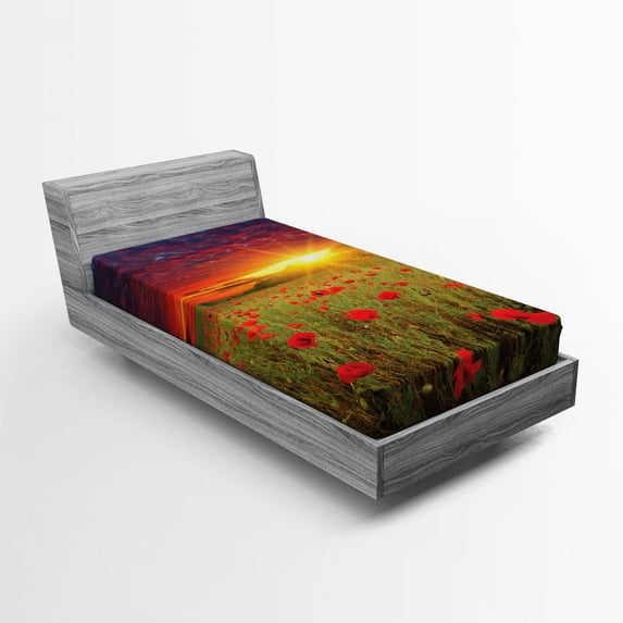 Ambesonne Colorful Fitted Sheet, Meadow Poppies Sky, Twin Size, Green Scarlet Cadet Blue