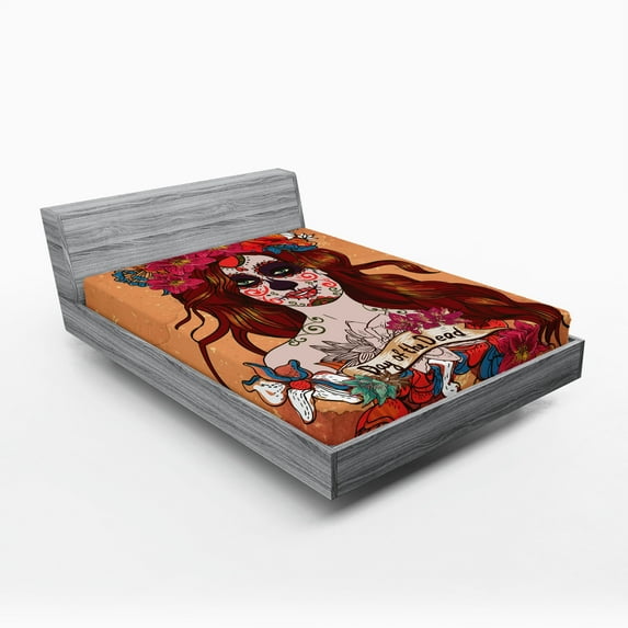 Ambesonne Colorful Fitted Sheet, Mexican Skull, Full Size, Cinnamon Magenta Maroon