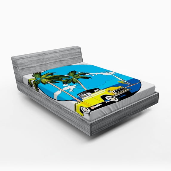 Ambesonne Colorful Fitted Sheet, Nostalgic Chevy Car, Queen Size, Multicolor