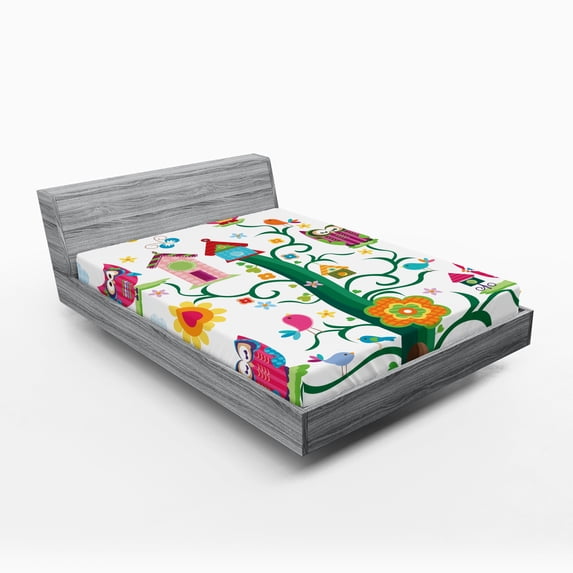 Ambesonne Colorful Fitted Sheet, Owls on Tree with Dots, Queen Size, Multicolor