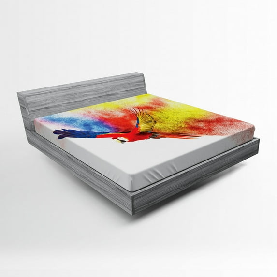 Ambesonne Colorful Fitted Sheet, Parrot with Feathers, Full Size, Multicolor