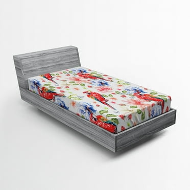 Ambesonne Colorful Fitted Sheet, Parrots Iris and Roses, Twin XL Size, Multicolor