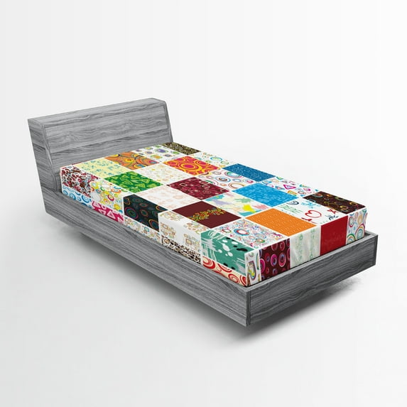 Ambesonne Colorful Fitted Sheet, Patchwork Retro Style, Twin Size, Multicolor