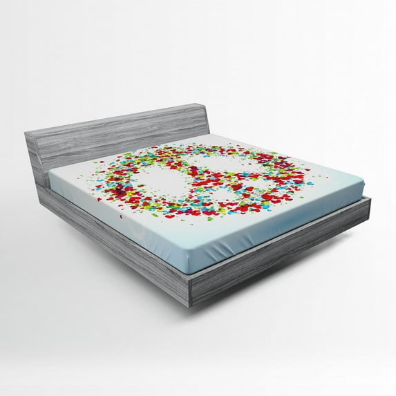 Ambesonne Colorful Fitted Sheet, Peace Sign with Hearts, Queen Size, Multicolor