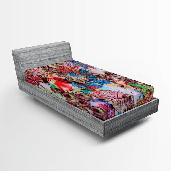Ambesonne Colorful Fitted Sheet, Peacock Feather Animal, Twin XL Size, Green Blue Red