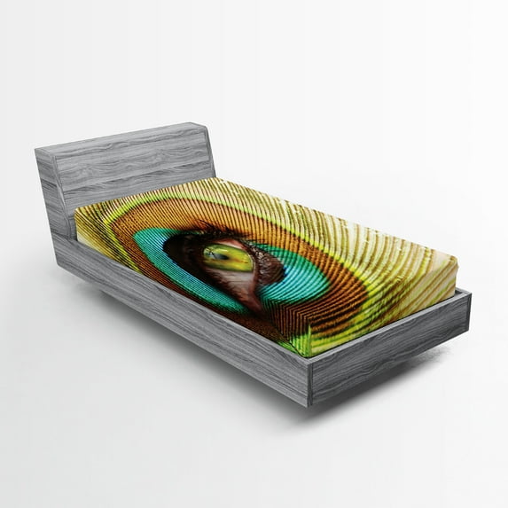 Ambesonne Colorful Fitted Sheet, Peacock Feather Eye, Twin Size, Green Brown Turquoise