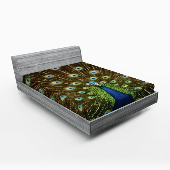 Ambesonne Colorful Fitted Sheet, Peacock with Feathers, Full Size, Navy Blue Green Brown