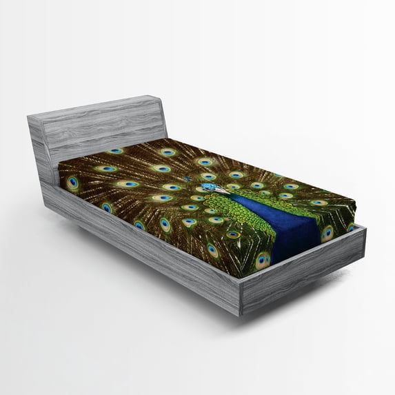 Ambesonne Colorful Fitted Sheet, Peacock with Feathers, Twin Size, Navy Blue Green Brown