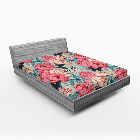 Ambesonne Colorful Fitted Sheet, Peony Rose Butterflies, California King, Multicolor