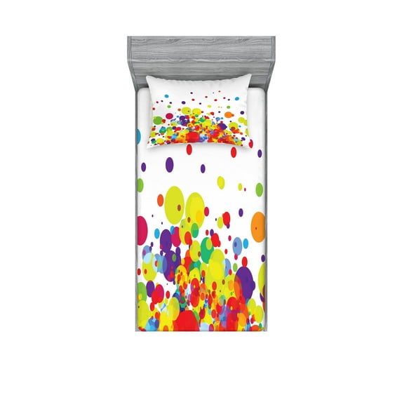 Ambesonne Colorful Fitted Sheet & Pillow Sham Set, Abstract Circle Rounds, Twinxl, Multicolor