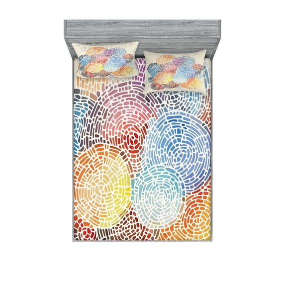 Ambesonne Colorful Fitted Sheet & Pillow Sham Set, Abstract Mosaic Spots, Full, Multicolor