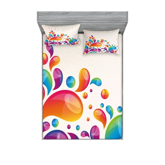 Ambesonne Colorful Fitted Sheet & Pillow Sham Set, Abstract Raindrops Splash, Full, Multicolor