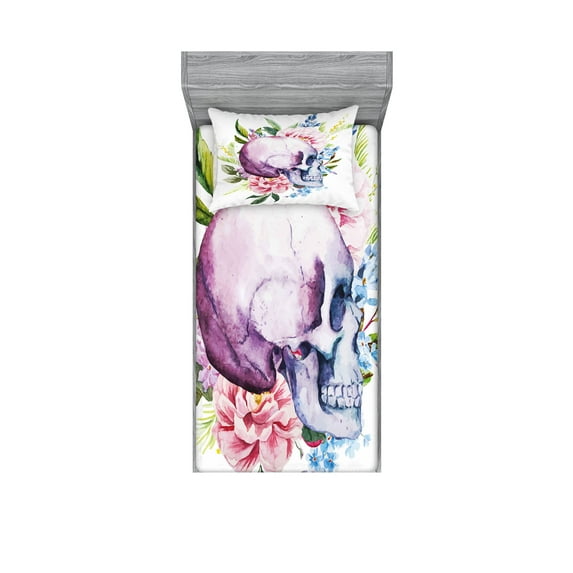 Ambesonne Colorful Fitted Sheet & Pillow Sham Set, Abstract Skull Flowers, Twinxl, Multicolor
