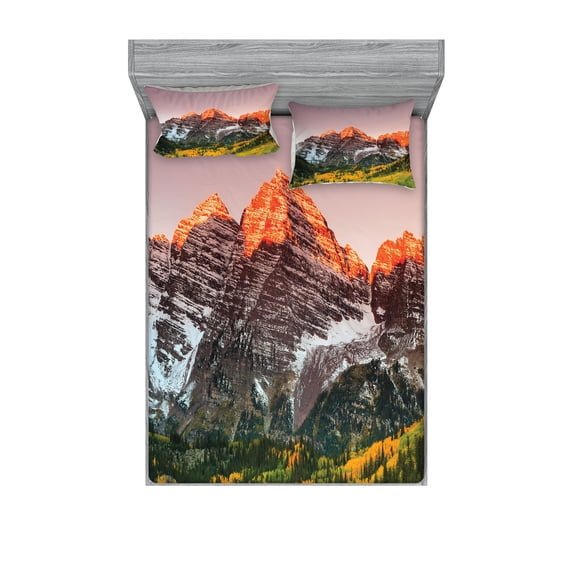 Ambesonne Colorful Fitted Sheet & Pillow Sham Set, America Mountain Peaks, Full, Multicolor