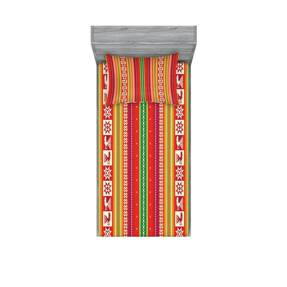 Ambesonne Colorful Fitted Sheet & Pillow Sham Set, American Aztec, Twin, Multicolor