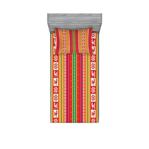 Ambesonne Colorful Fitted Sheet & Pillow Sham Set, American Aztec, Twin, Multicolor