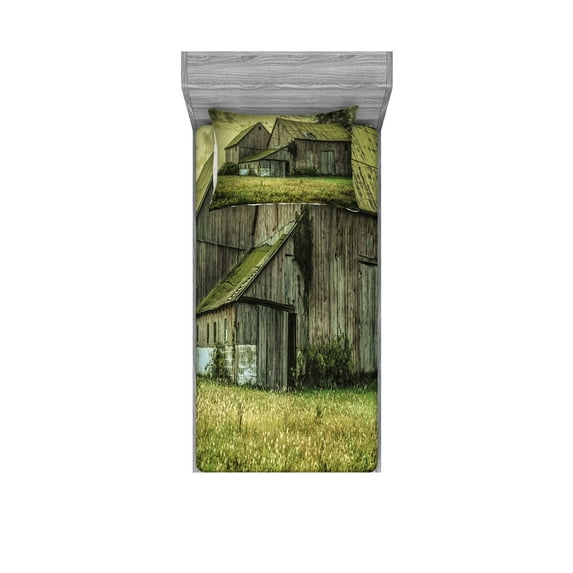 Ambesonne Colorful Fitted Sheet & Pillow Sham Set, American Farmer Barn, Twin, Multicolor