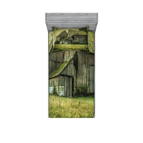Ambesonne Colorful Fitted Sheet & Pillow Sham Set, American Farmer Barn, Twin, Multicolor