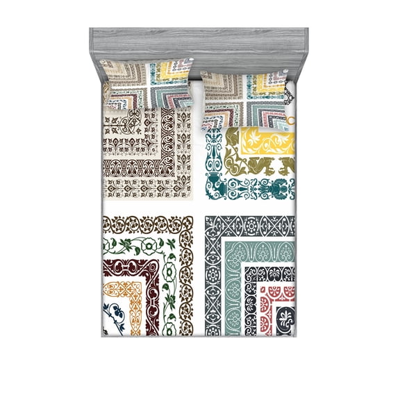 Ambesonne Colorful Fitted Sheet & Pillow Sham Set, Antique Swirls, Full, Multicolor
