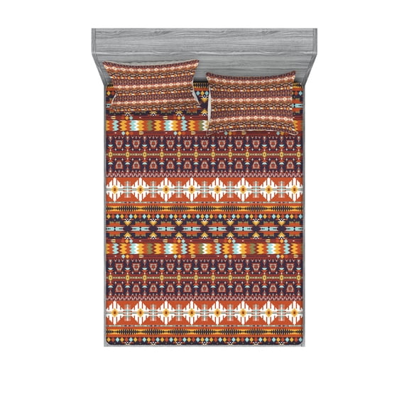 Ambesonne Colorful Fitted Sheet & Pillow Sham Set, Aztec Style Arrow, Queen, Multicolor