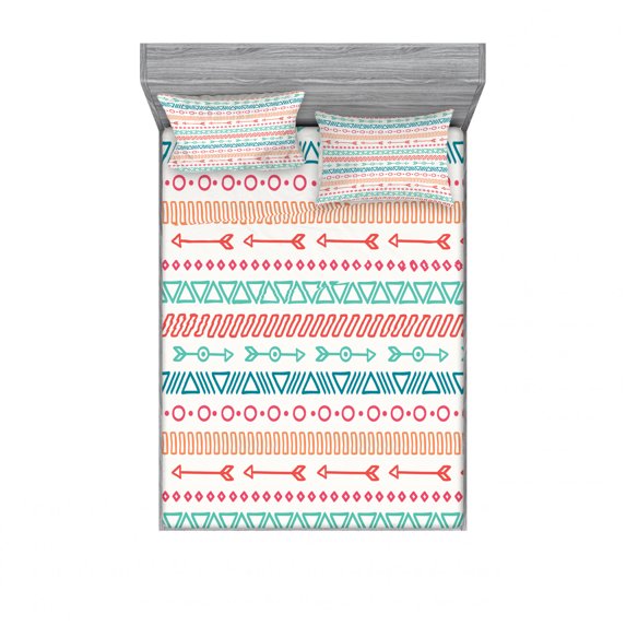 Ambesonne Colorful Fitted Sheet & Pillow Sham Set, Aztec Tribe Maya Arrow, Full, Multicolor