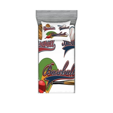 Ambesonne Colorful Fitted Sheet & Pillow Sham Set, Baseball Mitt Ball, Twinxl, Multicolor