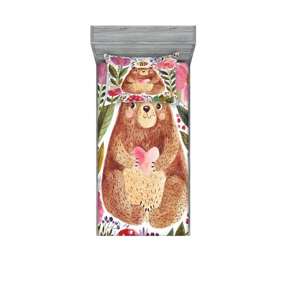 Ambesonne Colorful Fitted Sheet & Pillow Sham Set, Bear with Flowers, Twinxl, Multicolor