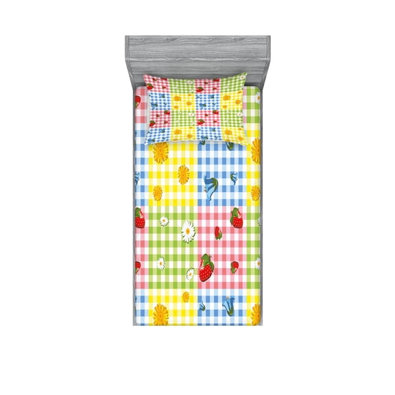Ambesonne Colorful Fitted Sheet & Pillow Sham Set, Berries Flowers Picnic, Twin, Multicolor