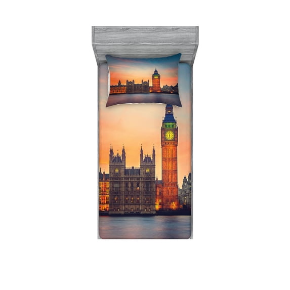 Ambesonne Colorful Fitted Sheet & Pillow Sham Set, Big Ben and Parliament, Twinxl, Multicolor