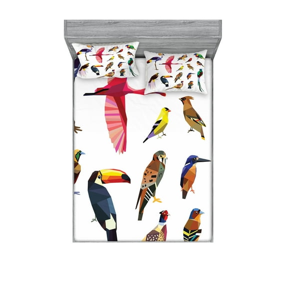 Ambesonne Colorful Fitted Sheet & Pillow Sham Set, Bird Set Poly Design, Queen, Multicolor