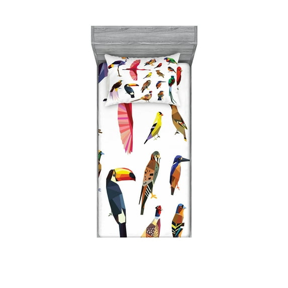 Ambesonne Colorful Fitted Sheet & Pillow Sham Set, Bird Set Poly Design, Twinxl, Multicolor