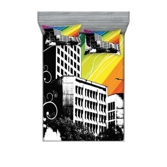 Ambesonne Colorful Fitted Sheet & Pillow Sham Set, Black White Cityscape, Queen, Multicolor