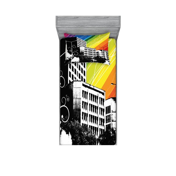 Ambesonne Colorful Fitted Sheet & Pillow Sham Set, Black White Cityscape, Twinxl, Multicolor