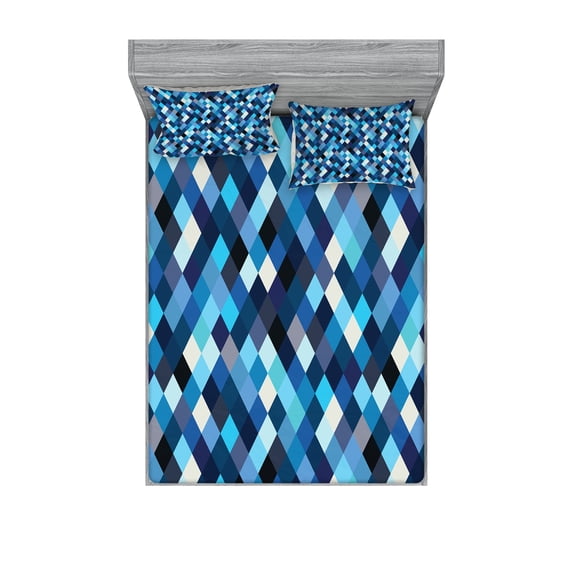 Ambesonne Colorful Fitted Sheet & Pillow Sham Set, Blue Toned Hexagons, Queen, Multicolor