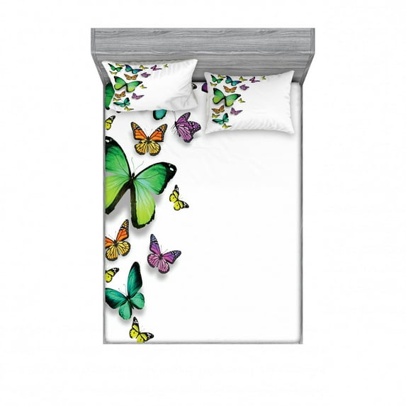 Ambesonne Colorful Fitted Sheet & Pillow Sham Set, Bohem Wild Butterflies, Full, Multicolor