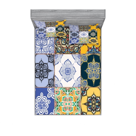 Ambesonne Colorful Fitted Sheet & Pillow Sham Set, Boho Portugese Tiles, Queen, Multicolor