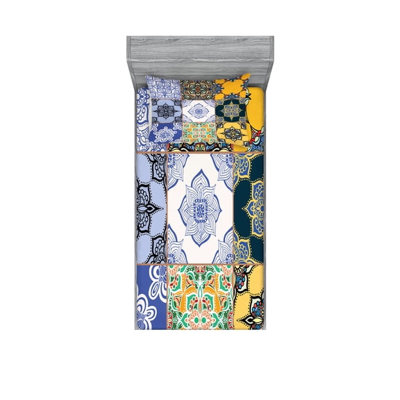 Ambesonne Colorful Fitted Sheet & Pillow Sham Set, Boho Portugese Tiles, Twin, Multicolor