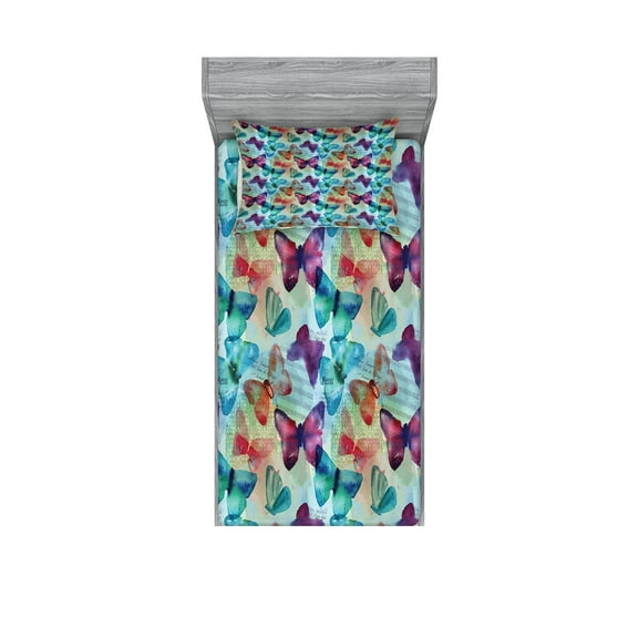 Ambesonne Colorful Fitted Sheet & Pillow Sham Set, Butterflies Letterings, Twin, Multicolor