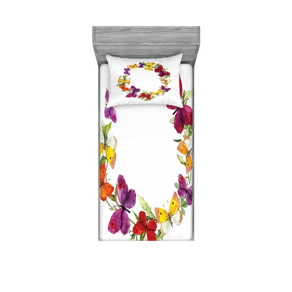 Ambesonne Colorful Fitted Sheet & Pillow Sham Set, Butterfly with Herbs, Twinxl, Multicolor