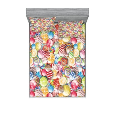 Ambesonne Colorful Fitted Sheet & Pillow Sham Set, Candy Store, Full, Multicolor