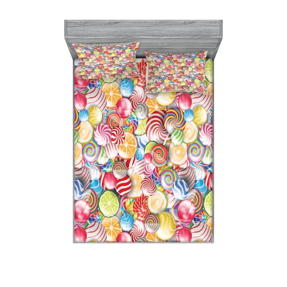 Ambesonne Colorful Fitted Sheet & Pillow Sham Set, Candy Store, Queen, Multicolor