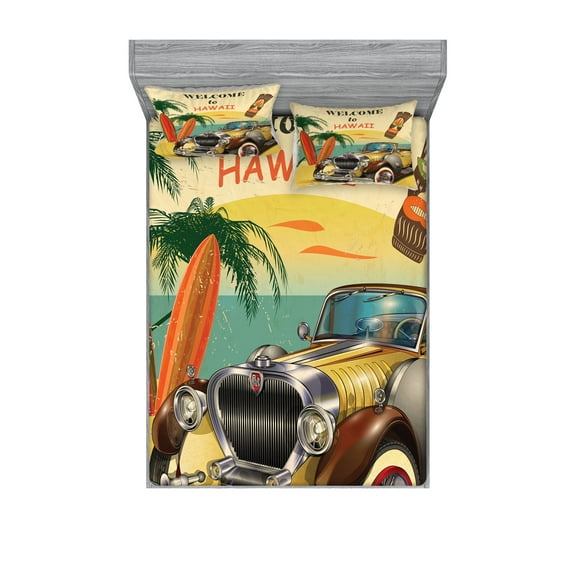 Ambesonne Colorful Fitted Sheet & Pillow Sham Set, Car Palms Tribal, Full, Multicolor