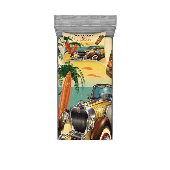 Ambesonne Colorful Fitted Sheet & Pillow Sham Set, Car Palms Tribal, Twin, Multicolor