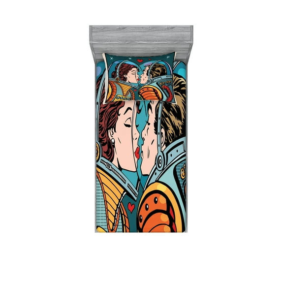Ambesonne Colorful Fitted Sheet & Pillow Sham Set, Cartoon Kiss in Space, Twinxl, Multicolor